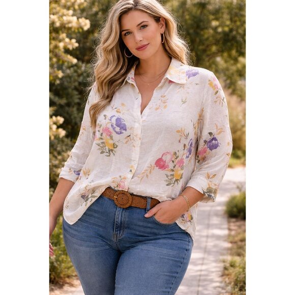 Harve Benard Tops - Harve Bernard Collared Button Down 3/4 Sleeve Linen Floral Top Size XL City Chic